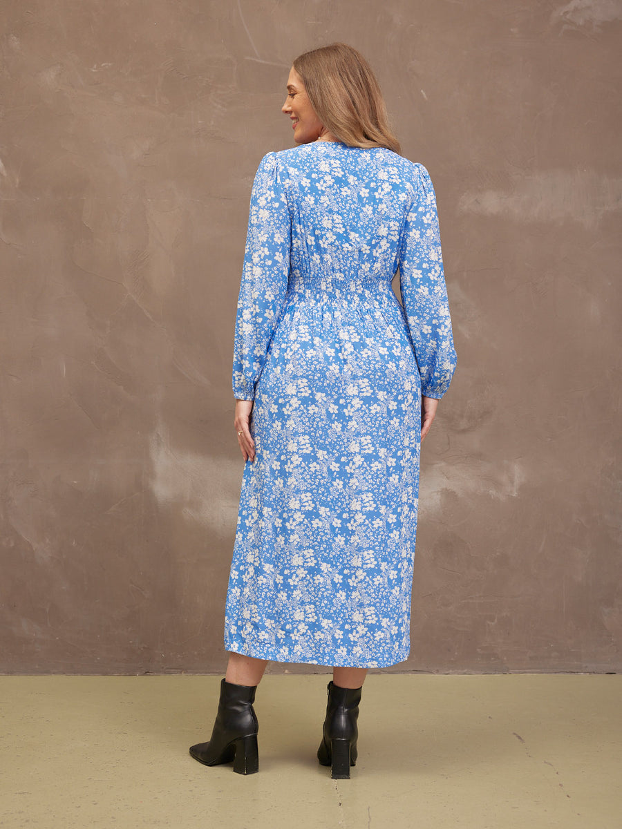 Audrey Shirred Waist V-Neck Dress - Blue Floral