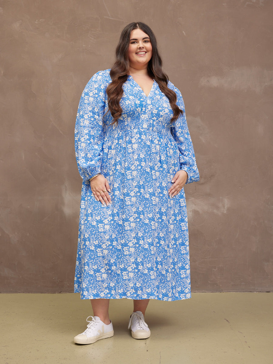Audrey Shirred Waist V-Neck Dress - Blue Floral