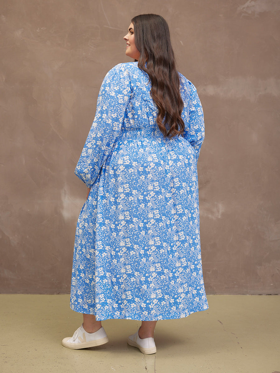Audrey Shirred Waist V-Neck Dress - Blue Floral