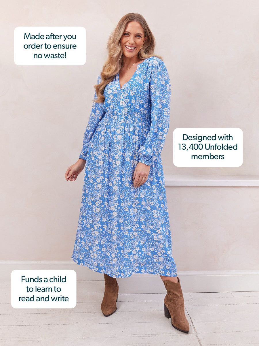 Audrey Shirred Waist V-Neck Dress - Blue Floral