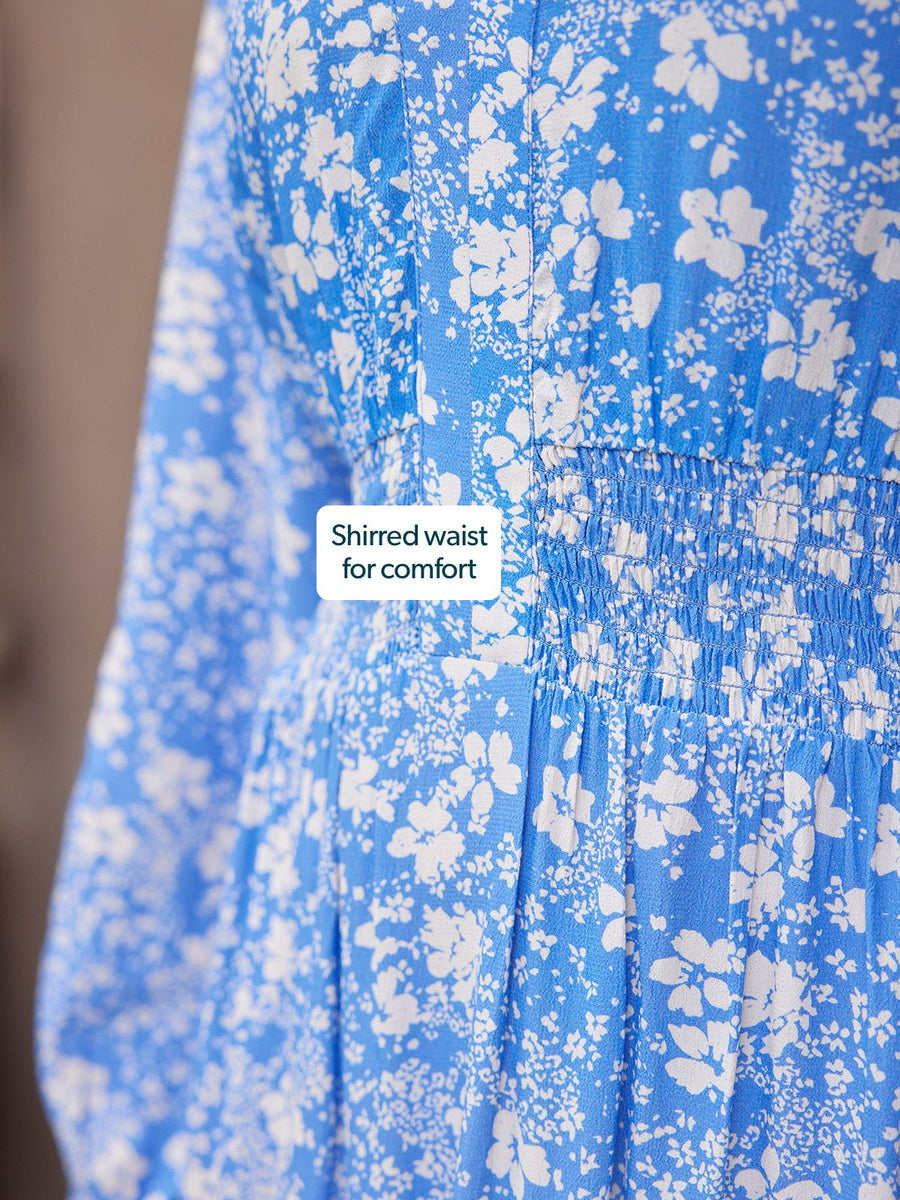 Audrey Shirred Waist V-Neck Dress - Blue Floral
