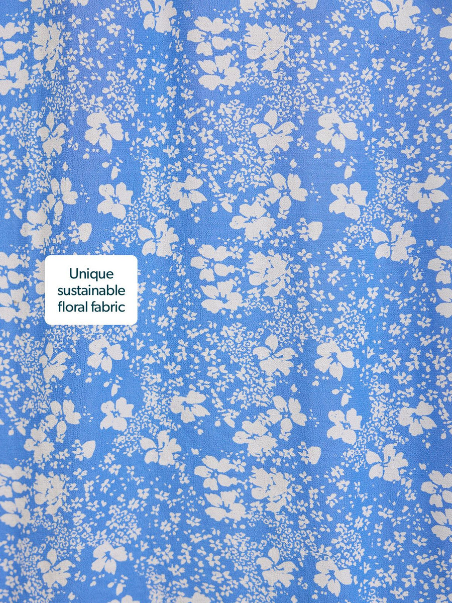 Audrey Shirred Waist V-Neck Dress - Blue Floral