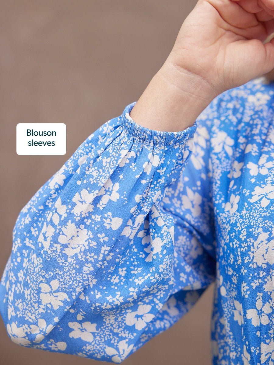 Audrey Shirred Waist V-Neck Dress - Blue Floral