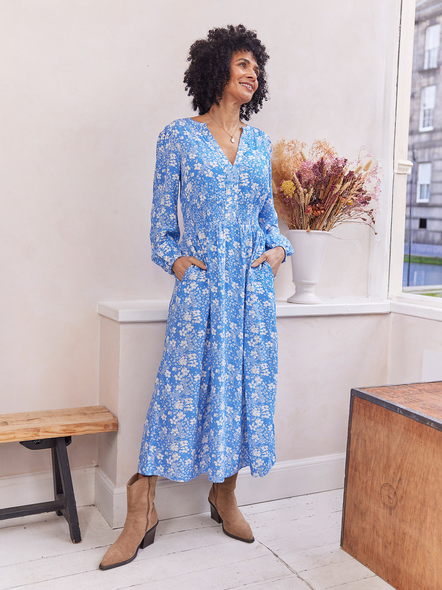 Audrey Shirred Waist V-Neck Dress - Blue Floral