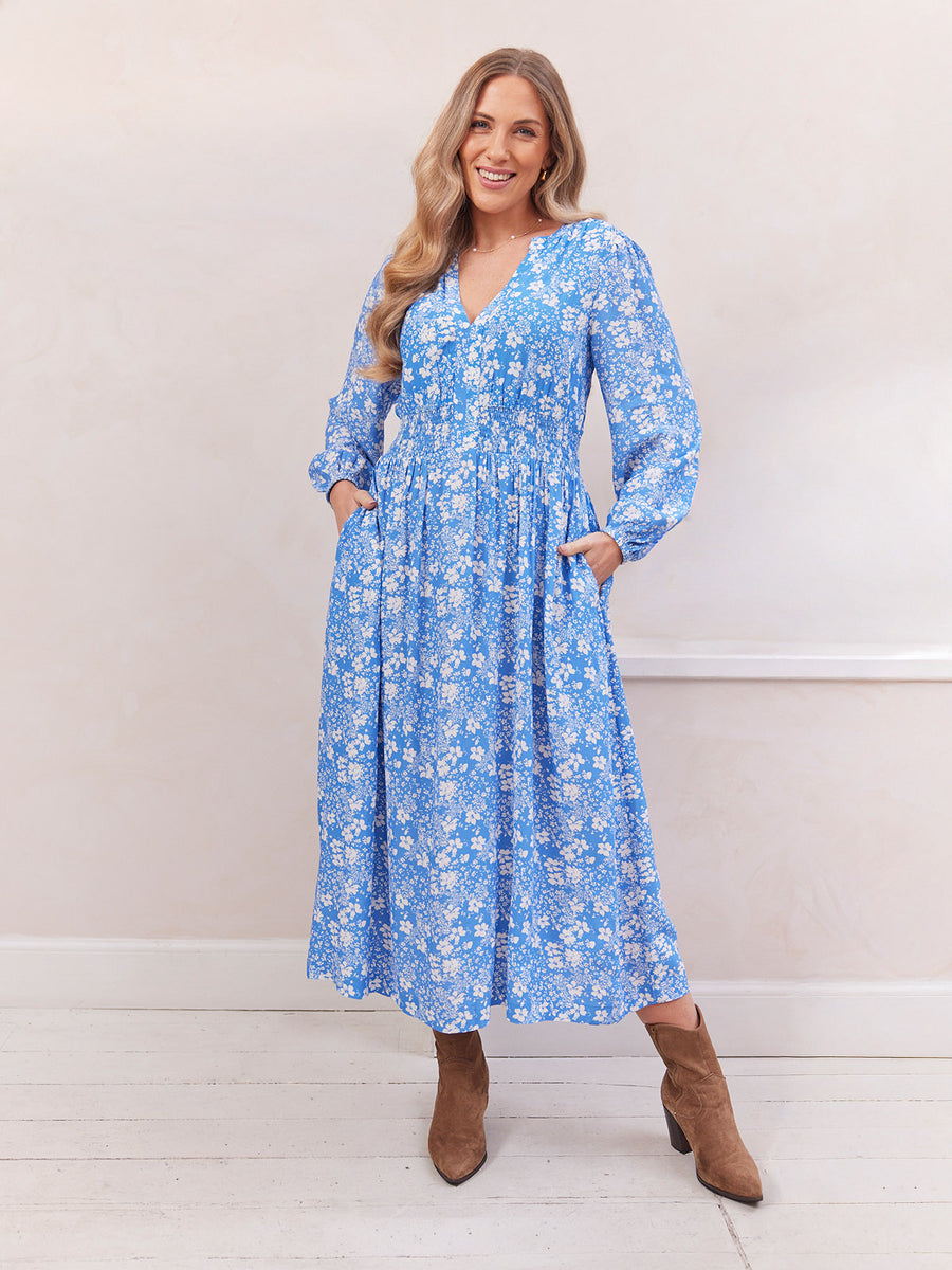Audrey Shirred Waist V-Neck Dress - Blue Floral This is Unfolded Audrey Shirred Waist V-Neck Dress - Blue Floral This is Unfolded