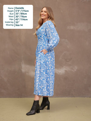 Audrey Shirred Waist V-Neck Dress - Blue Floral