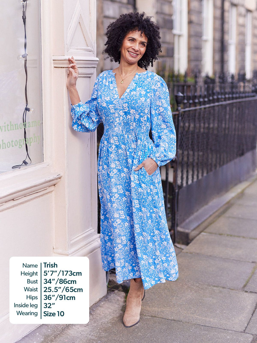 Audrey Shirred Waist V-Neck Dress - Blue Floral This is Unfolded Audrey Shirred Waist V-Neck Dress - Blue Floral This is Unfolded