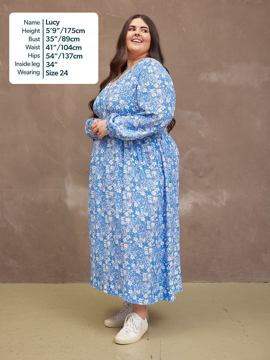 Audrey Shirred Waist V-Neck Dress - Blue Floral