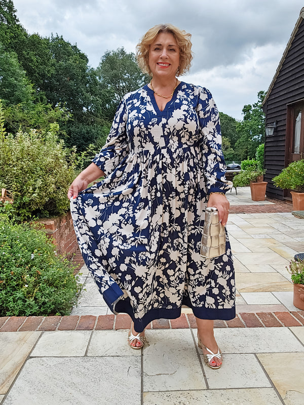 Barbara - Notch Neck Dress - Navy Floral