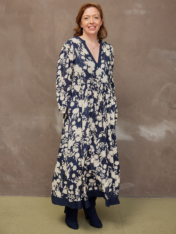 Barbara - Notch Neck Dress - Navy Floral