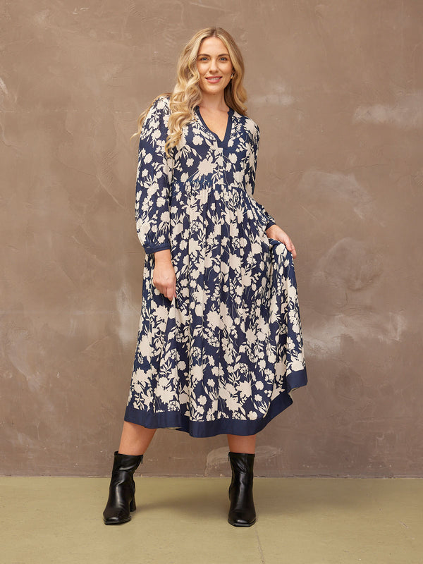 Barbara - Notch Neck Dress - Navy Floral