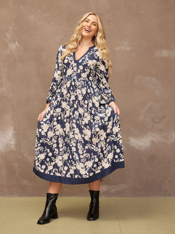 Barbara - Notch Neck Dress - Navy Floral