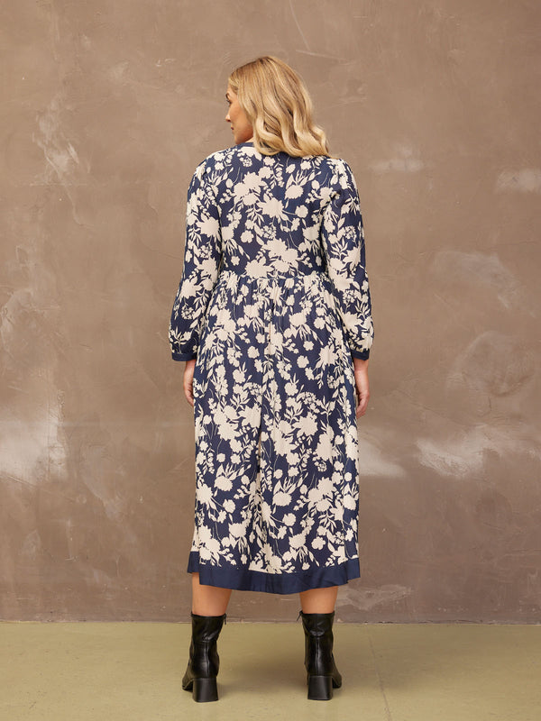 Barbara - Notch Neck Dress - Navy Floral