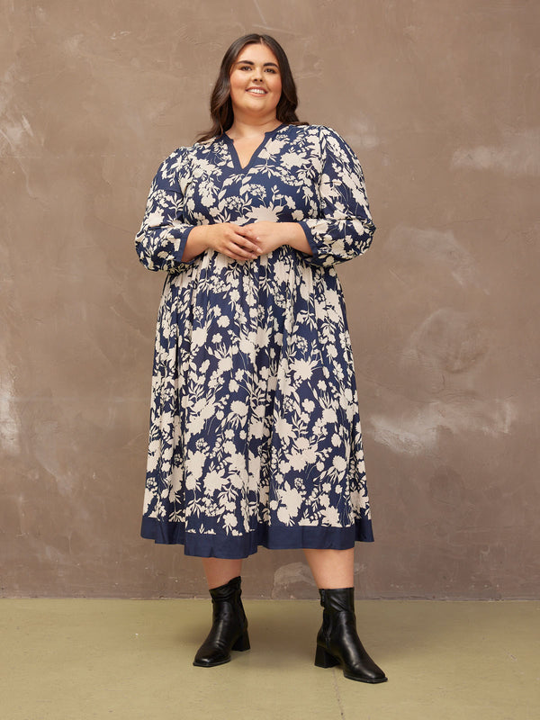 Barbara - Notch Neck Dress - Navy Floral