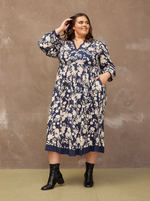 Barbara - Notch Neck Dress - Navy Floral