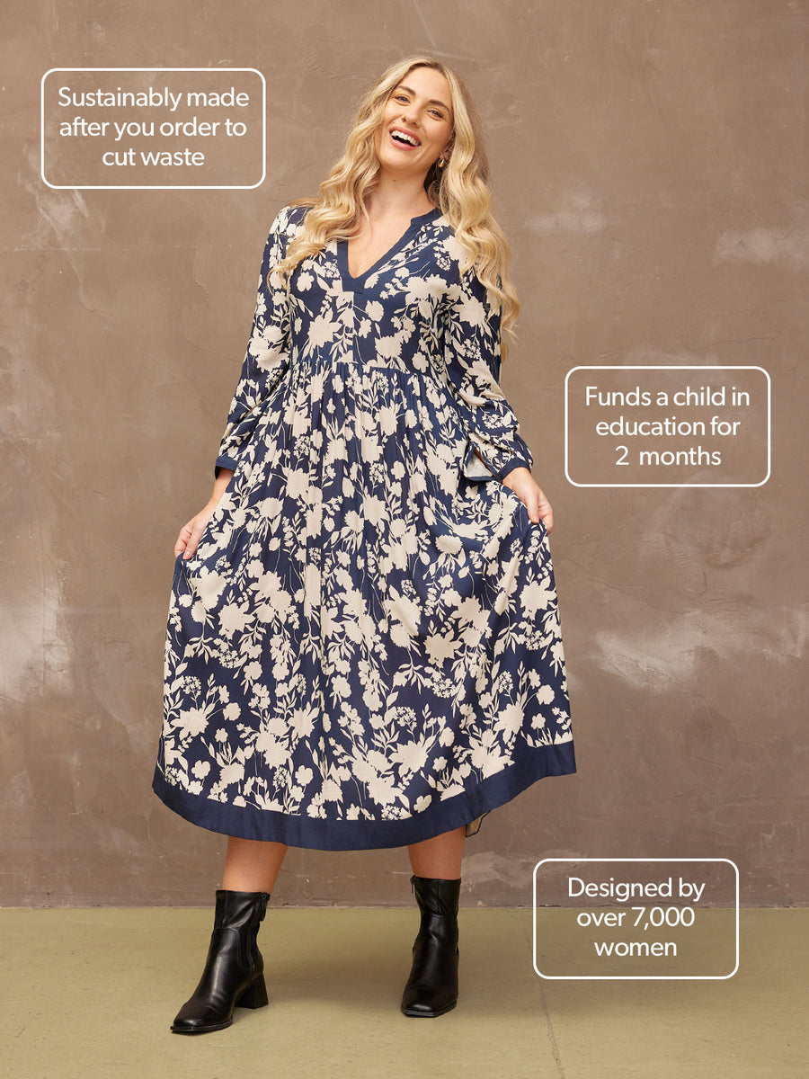 Barbara - Notch Neck Dress - Navy Floral