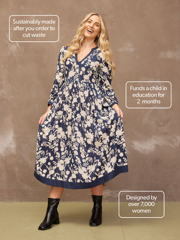 Barbara - Notch Neck Dress - Navy Floral