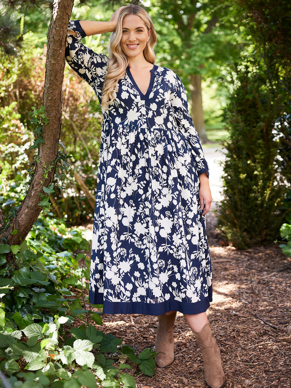 Barbara - Notch Neck Dress - Navy Floral