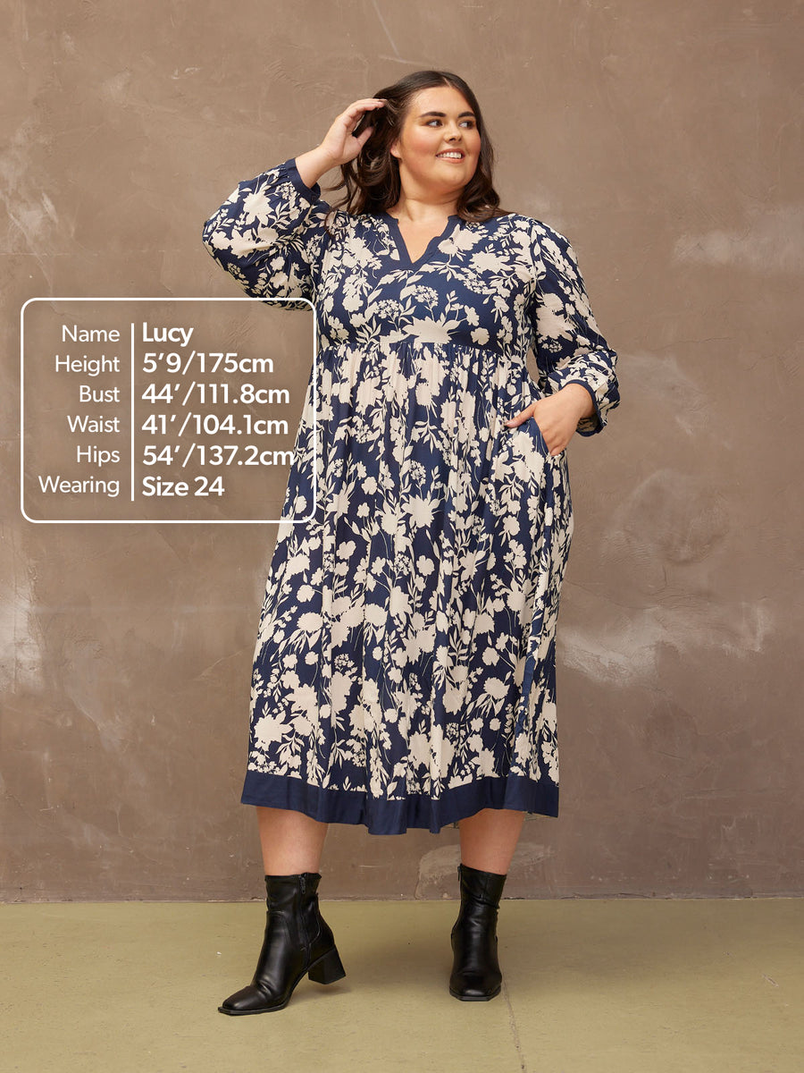 Barbara - Notch Neck Dress - Navy Floral