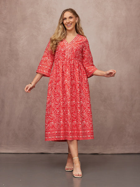 Cindy Kimono Sleeve Midi Dress - Red & Ecru Paisley Print This is Unfolded Cindy Kimono Sleeve Midi Dress - Red & Ecru Paisley Print This is Unfolded