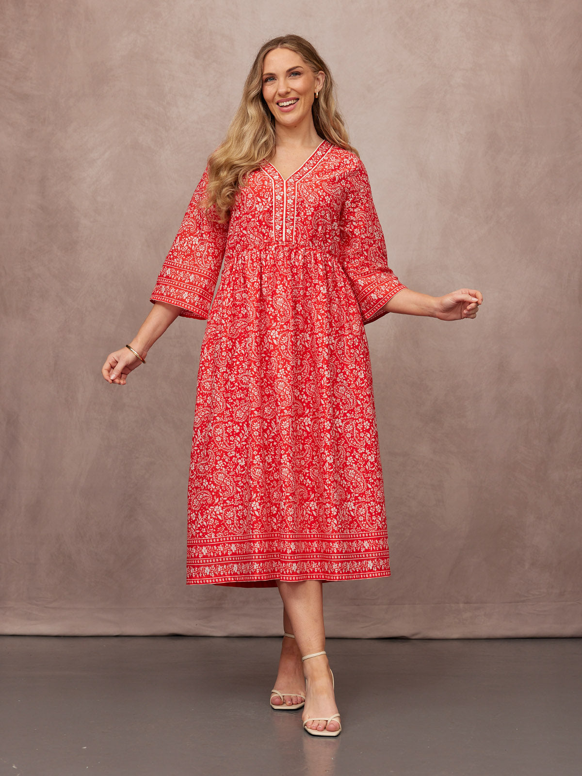 Cindy Kimono Sleeve Midi Dress - Red & Ecru Paisley Print This is Unfolded Cindy Kimono Sleeve Midi Dress - Red & Ecru Paisley Print This is Unfolded