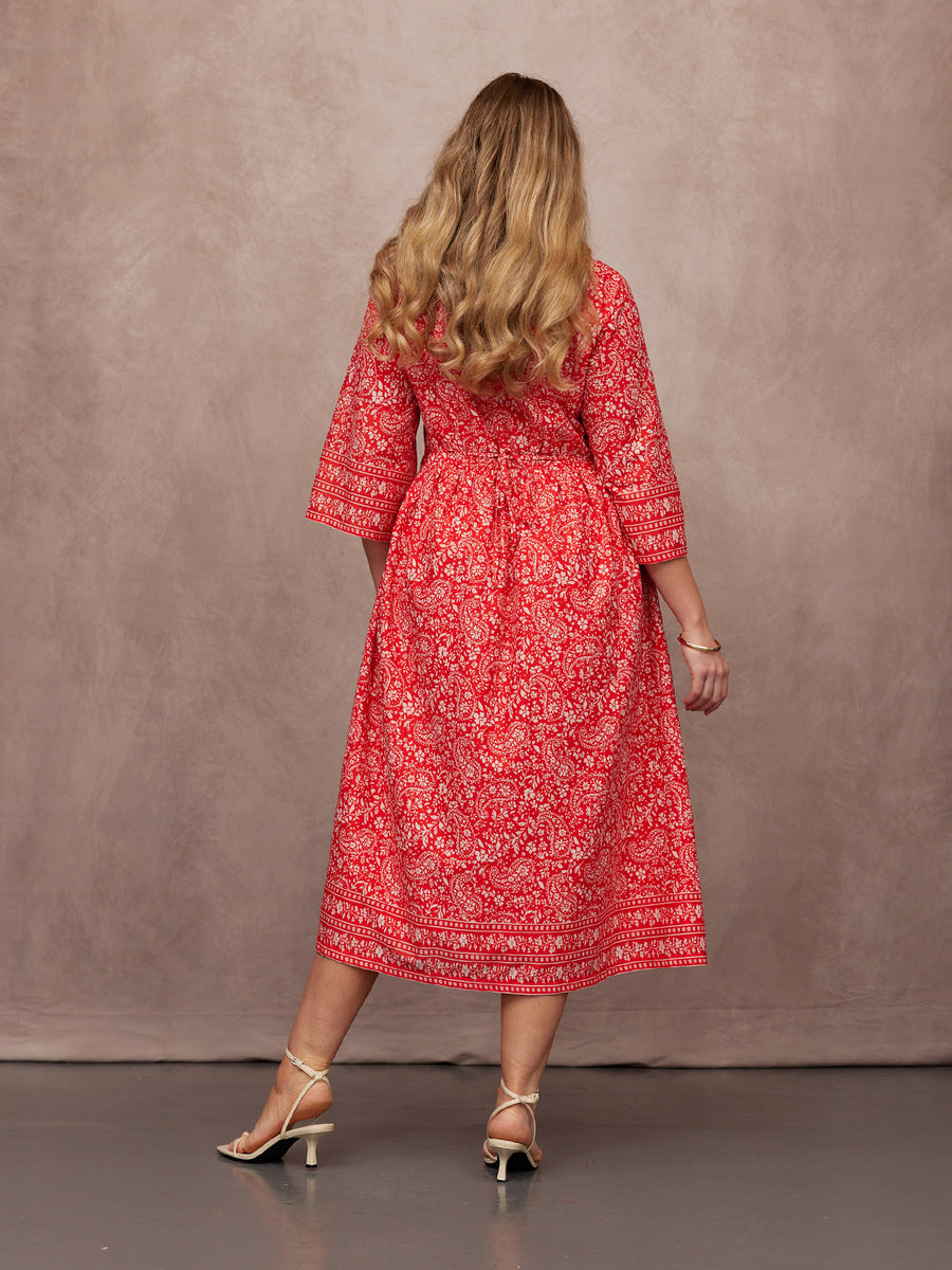 Cindy Kimono Sleeve Midi Dress - Red & Ecru Paisley Print This is Unfolded Cindy Kimono Sleeve Midi Dress - Red & Ecru Paisley Print This is Unfolded
