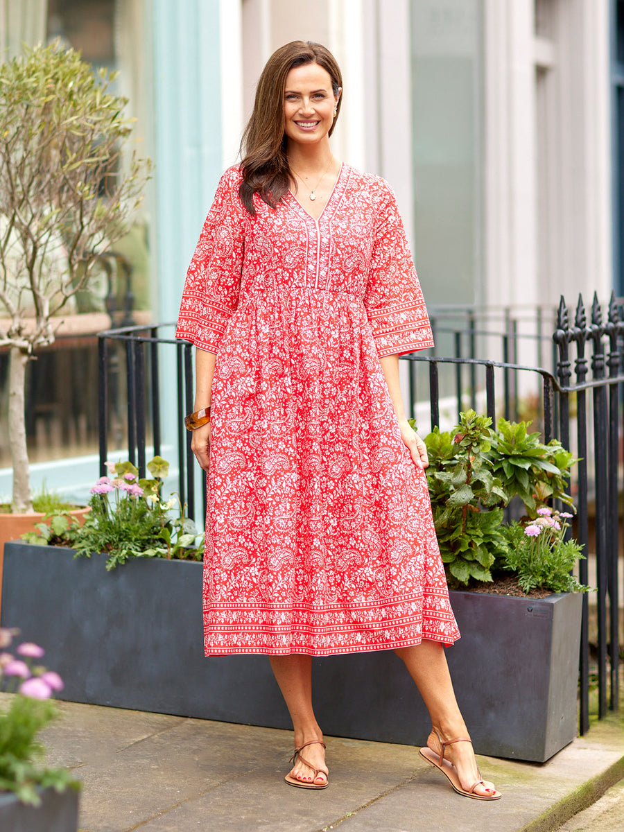 Cindy Kimono Sleeve Midi Dress - Red & Ecru Paisley Print This is Unfolded Cindy Kimono Sleeve Midi Dress - Red & Ecru Paisley Print This is Unfolded