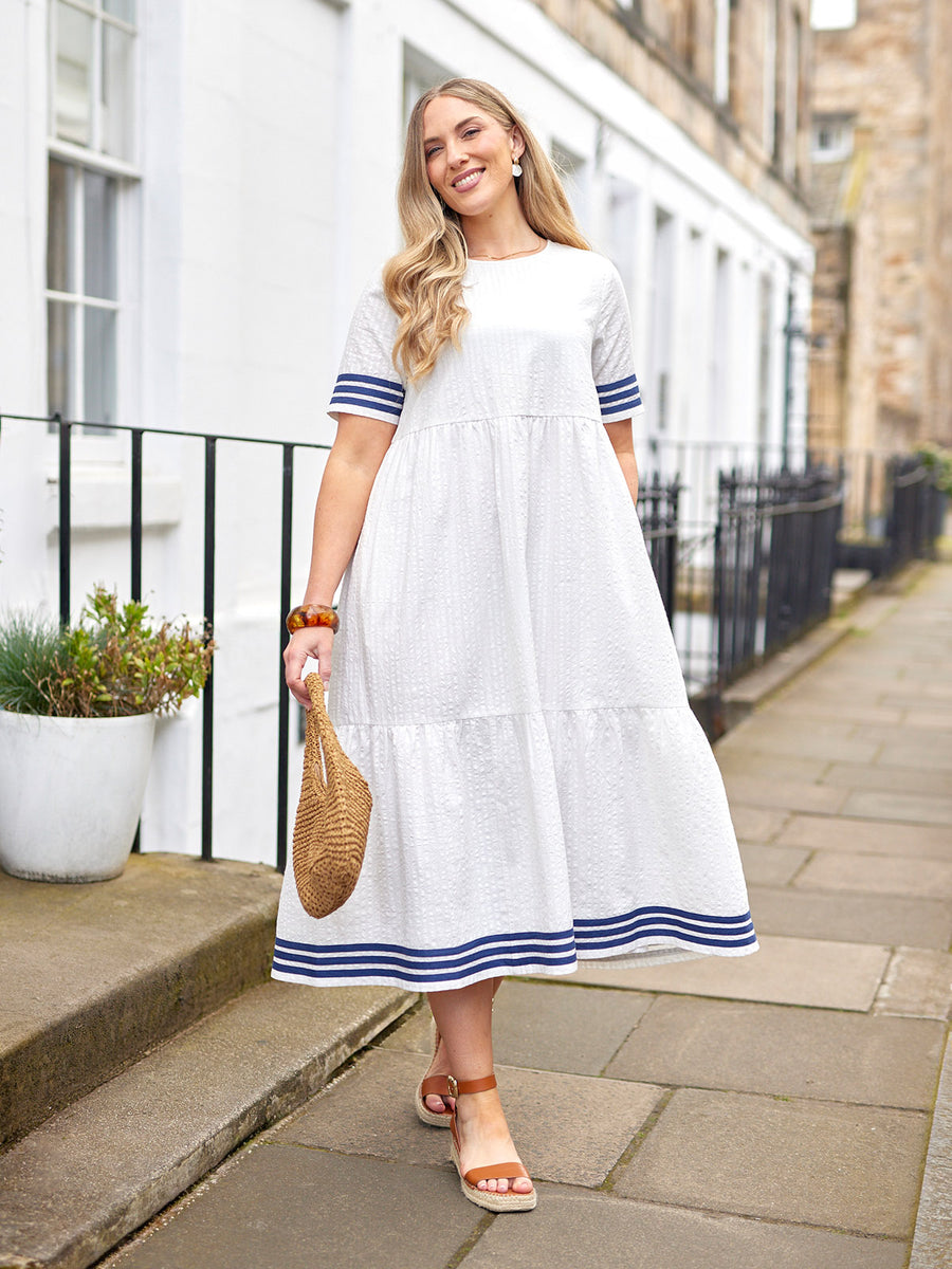 white dress with navy blue Striped V-Neck Dress, White & Navy Blue, Size 10
