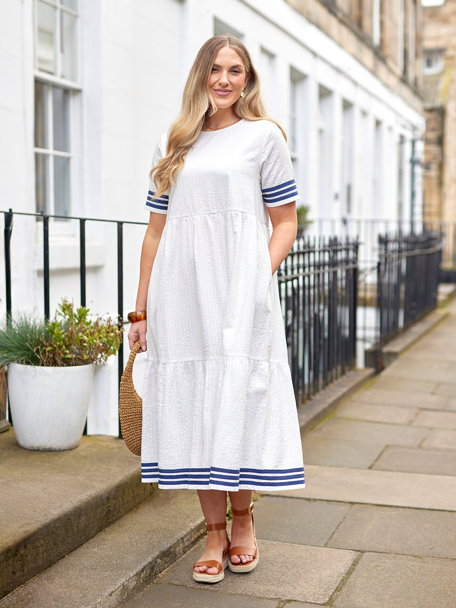Fiona Tiered Dress - White & Navy  This is Unfolded