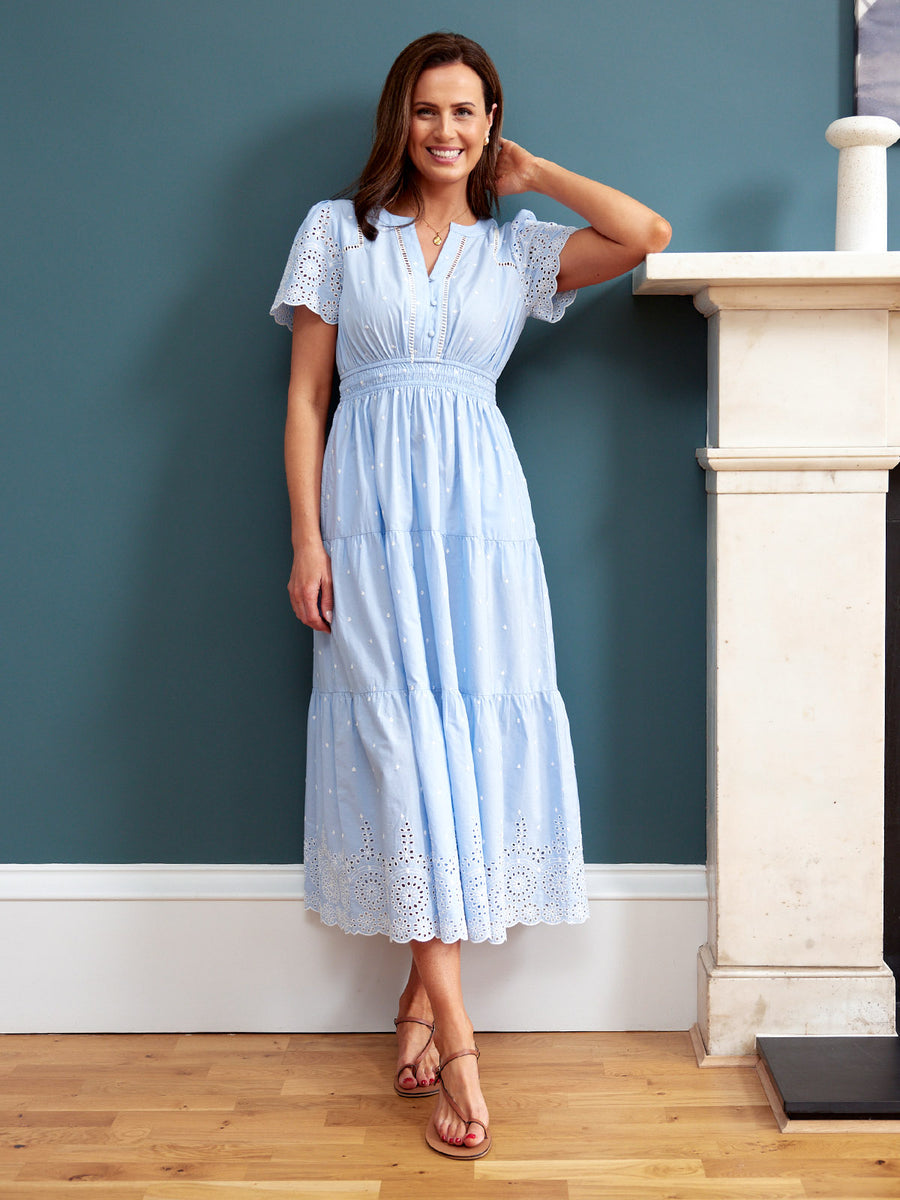 Georgie Cotton Summer Dress - Blue/White