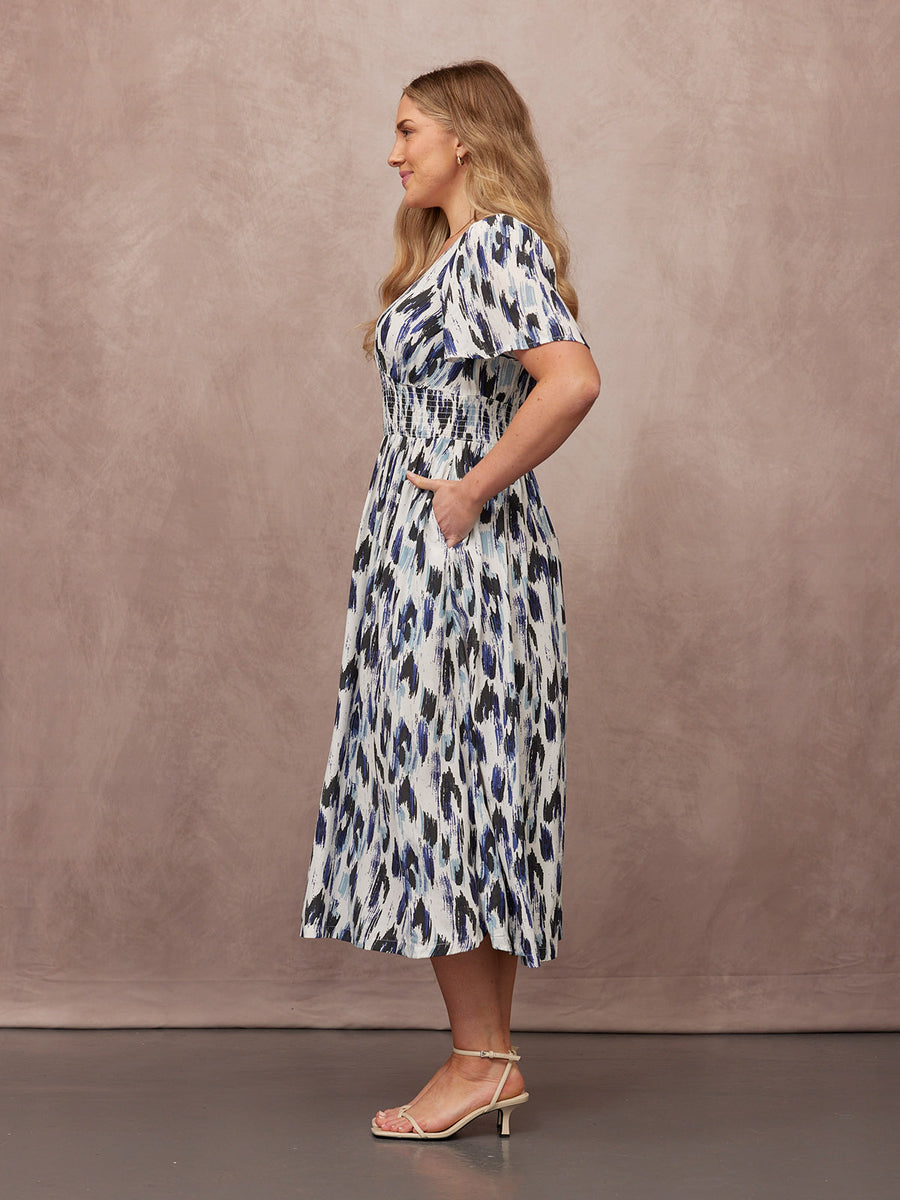 Maddie Short Sleeve Dress - Navy Ikat Print