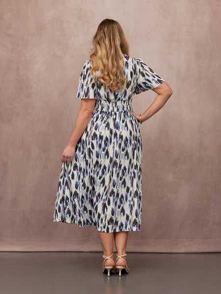 Maddie Short Sleeve Dress - Navy Ikat Print