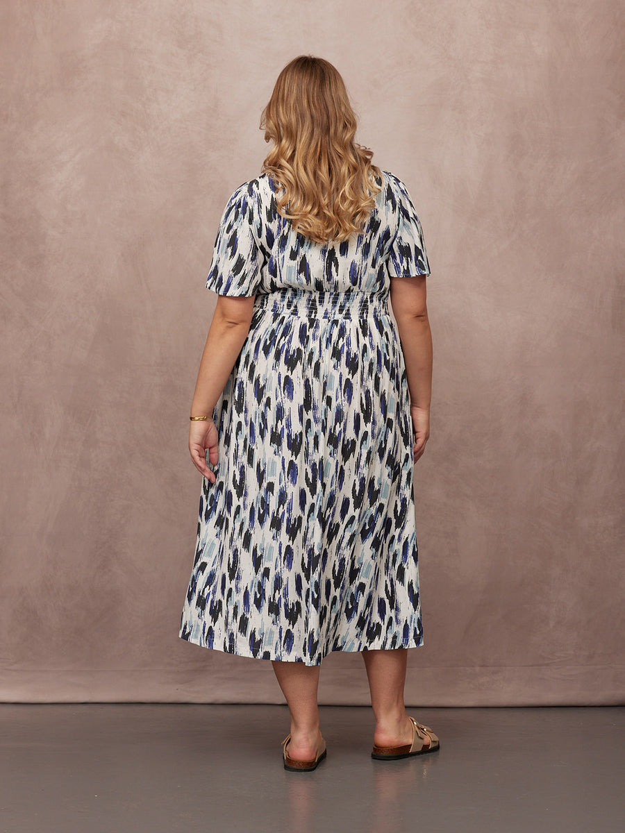 Maddie Short Sleeve Dress - Navy Ikat Print