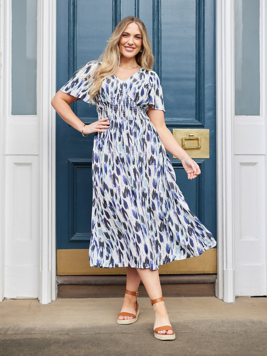 Maddie Short Sleeve Dress - Navy Ikat Print