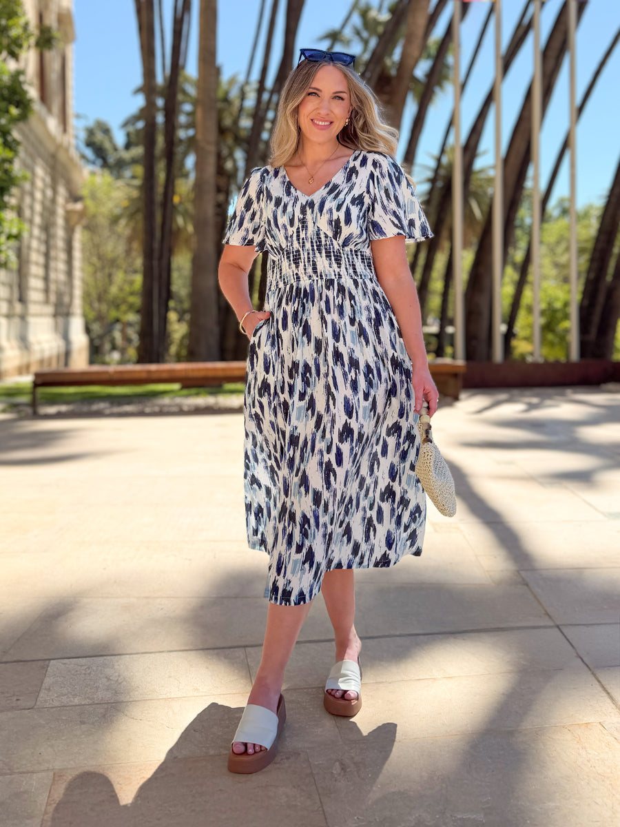 Maddie Short Sleeve Dress - Navy Ikat Print This is Unfolded Maddie Short Sleeve Dress - Navy Ikat Print This is Unfolded