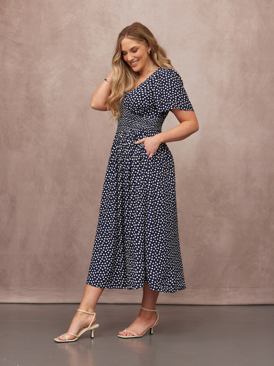 Maddie Short Sleeve Dress - Navy Polka Dot Print