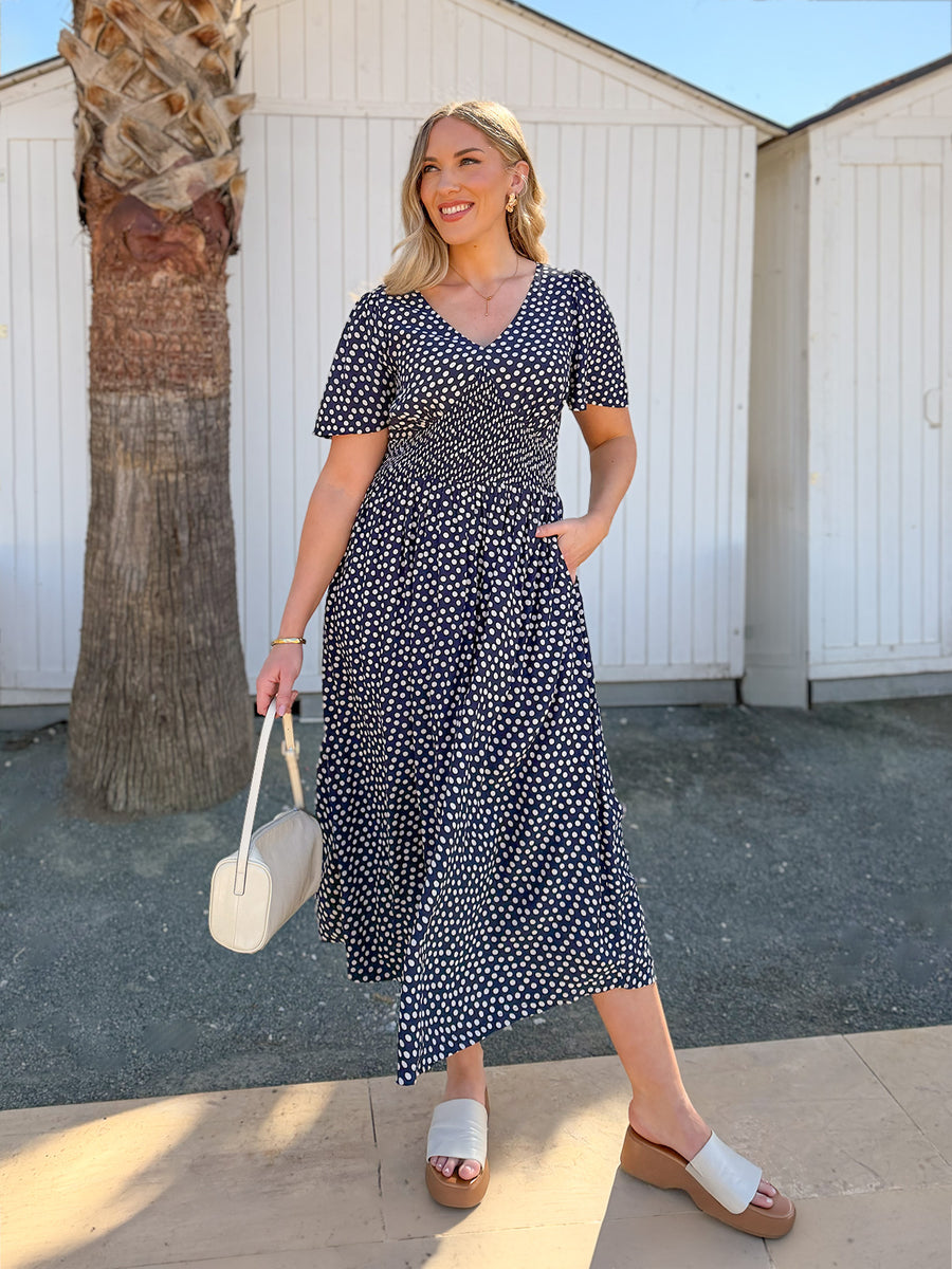 Maddie Short Sleeve Dress - Navy Polka Dot Print This is Unfolded Maddie Short Sleeve Dress - Navy Polka Dot Print This is Unfolded