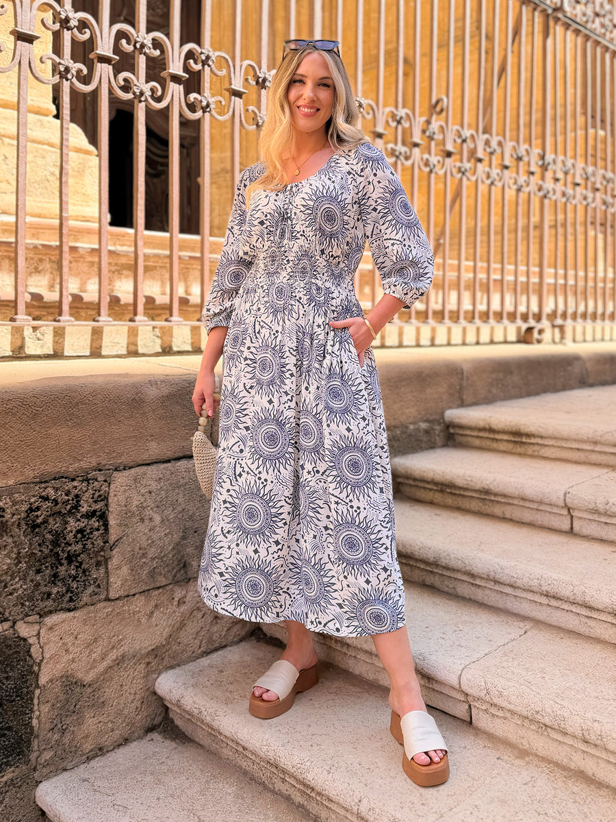 Marisol Round Neck Shirred Dress - Ecru & Blue Sun Print