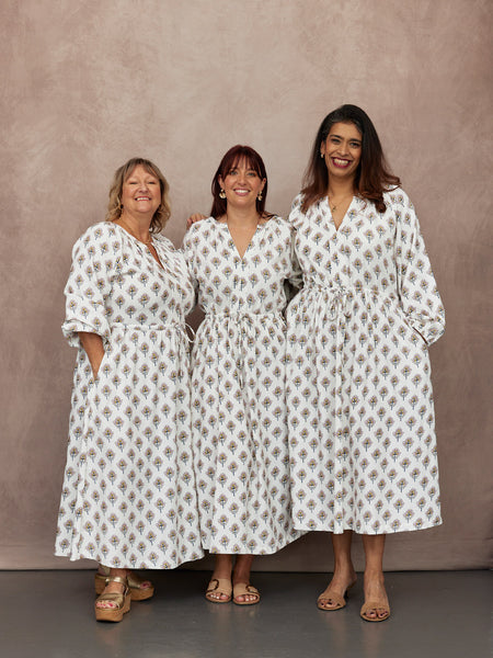 Flora Block Print Dress - Ecru Print