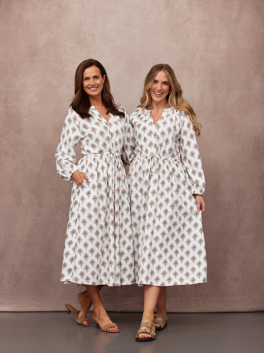 Flora Block Print Dress - Ecru Print