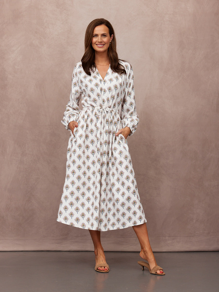 Flora Block Print Dress - Ecru Print