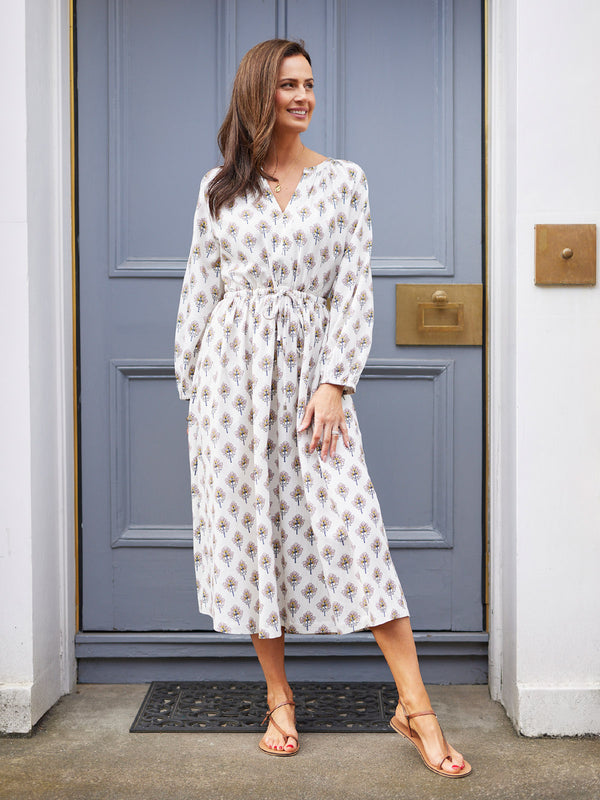 Flora Block Print Dress - Ecru Print