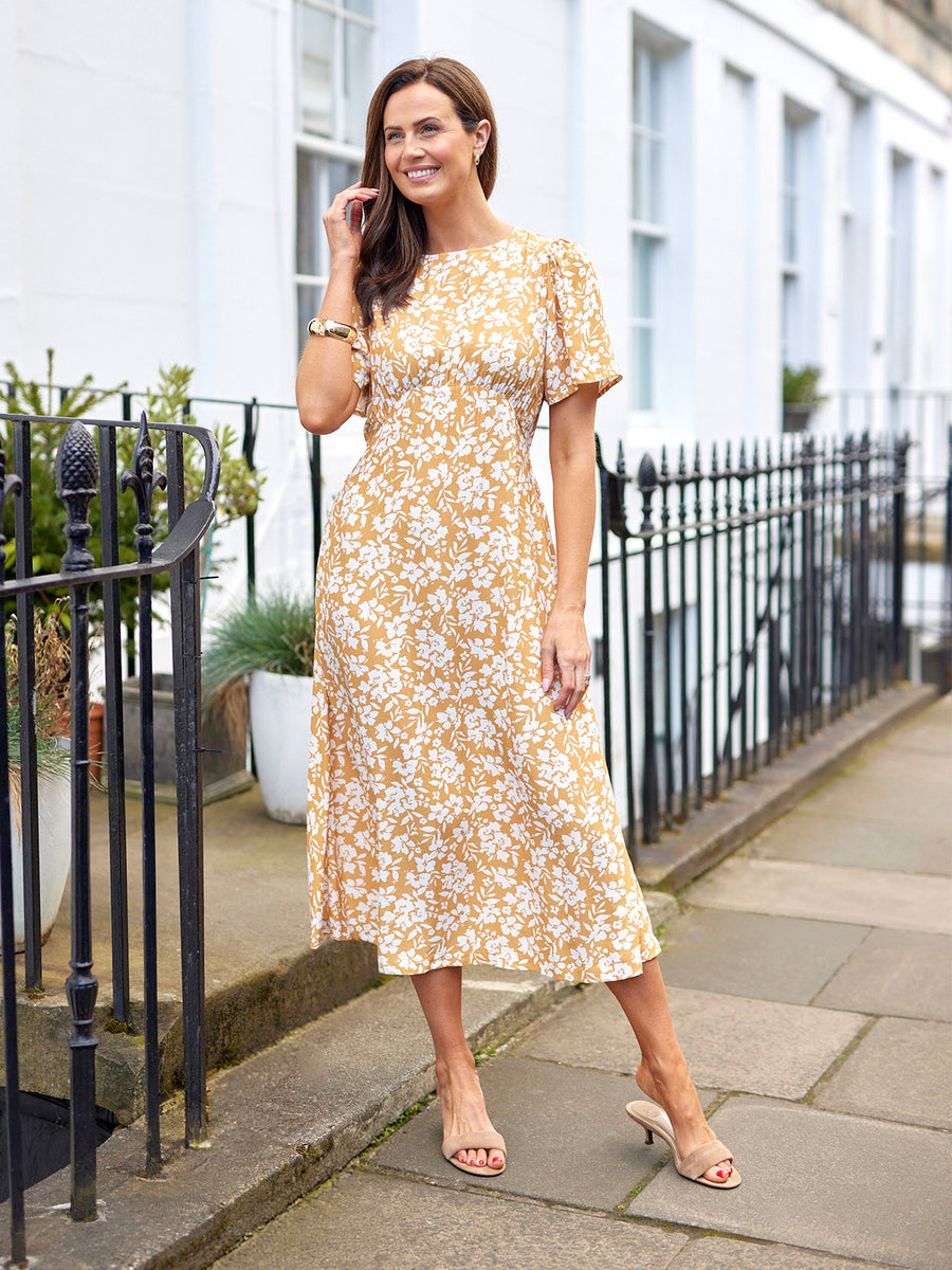 Rupali Angel Sleeve Tea Dress - Mustard & Ecru Floral Print This is Unfolded Rupali Angel Sleeve Tea Dress - Mustard & Ecru Floral Print This is Unfolded