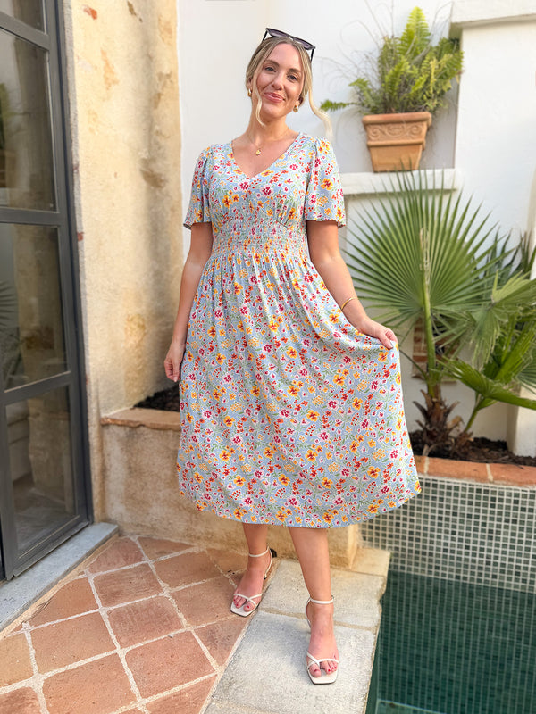 Maddie Short Sleeve Dress -  Light Blue Floral Print