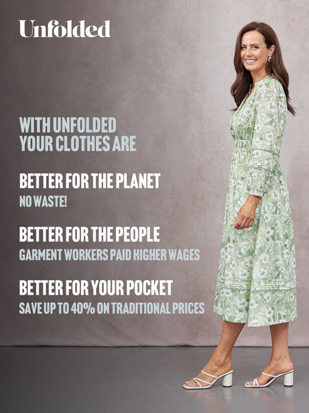 May Long Sleeve Shirred Neckline Dress - Green & White Watercolour Floral Print