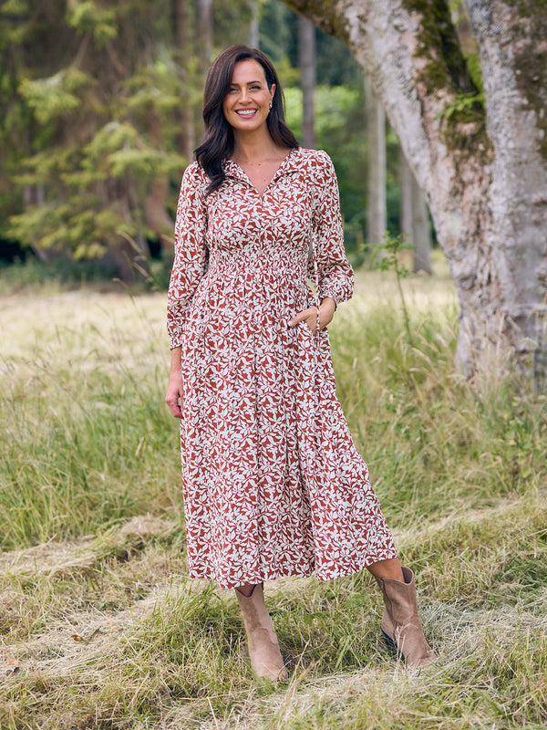 Vera Midi Dress - Terracotta & Ecru Floral Print