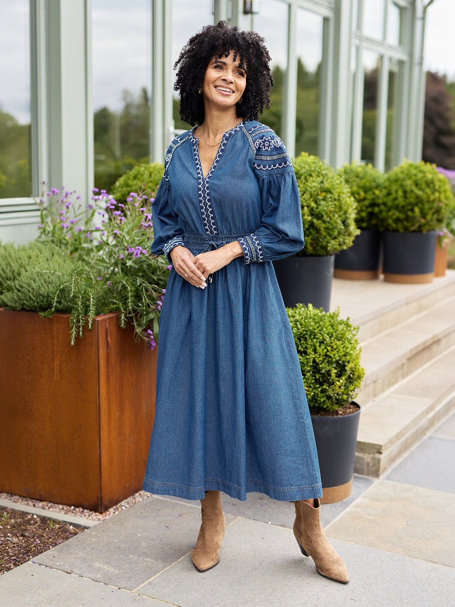 Dolly Embroidered Denim Dress - Blue