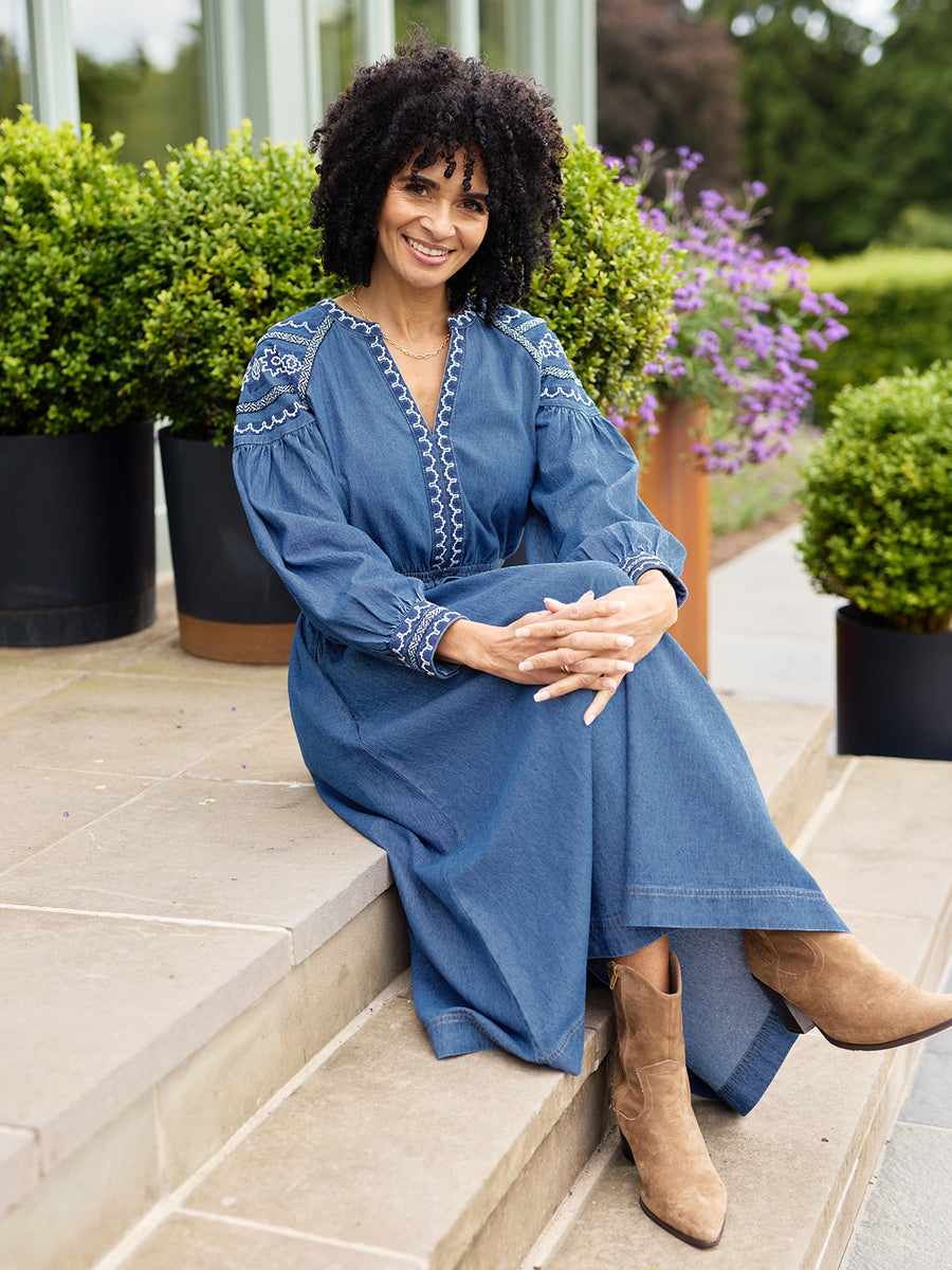 Dolly Embroidered Denim Dress - Blue