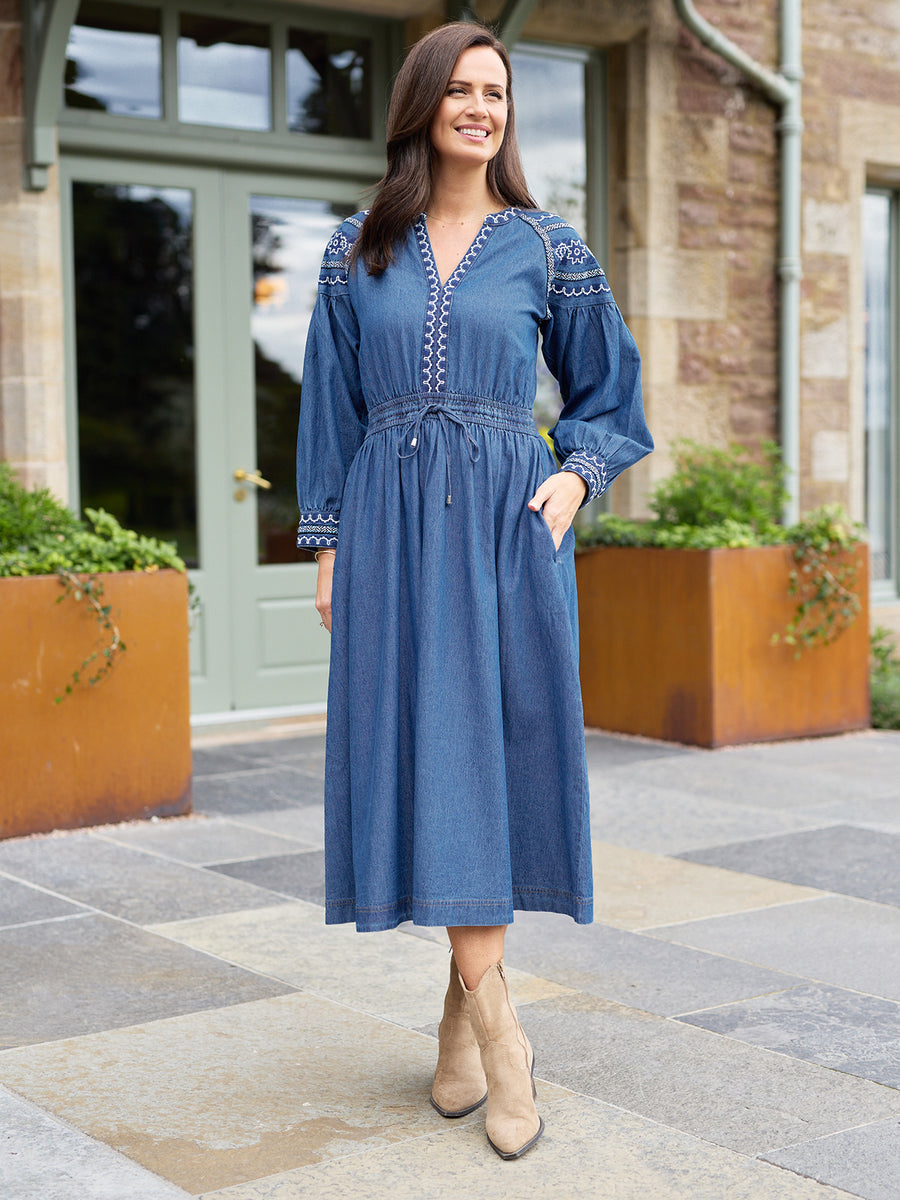 Dolly Embroidered Denim Dress - Blue
