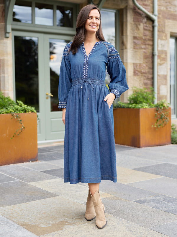 Dolly Embroidered Denim Dress - Blue